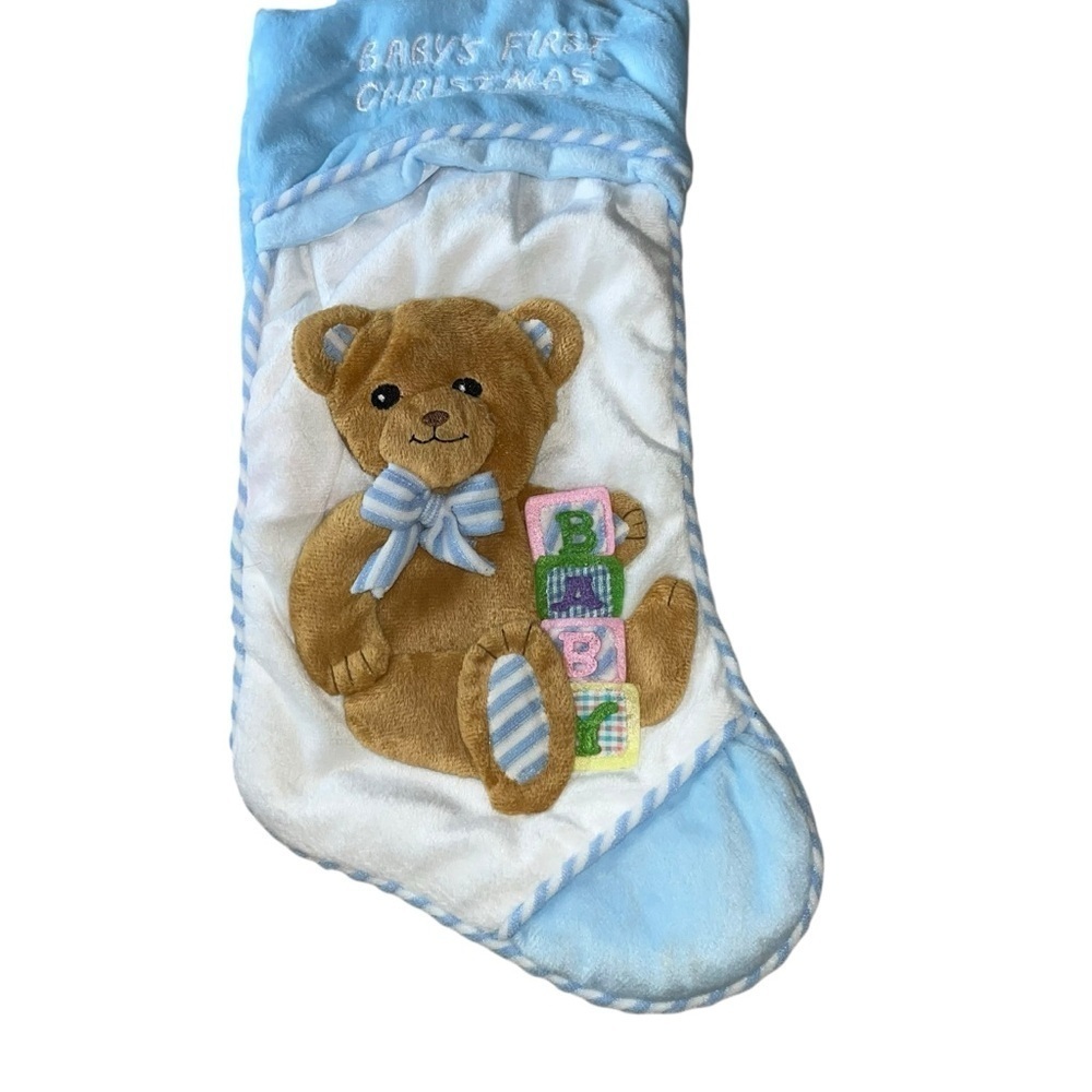 Vintage baby’s first Christmas Blue and Stocking Teddy Bear retro
